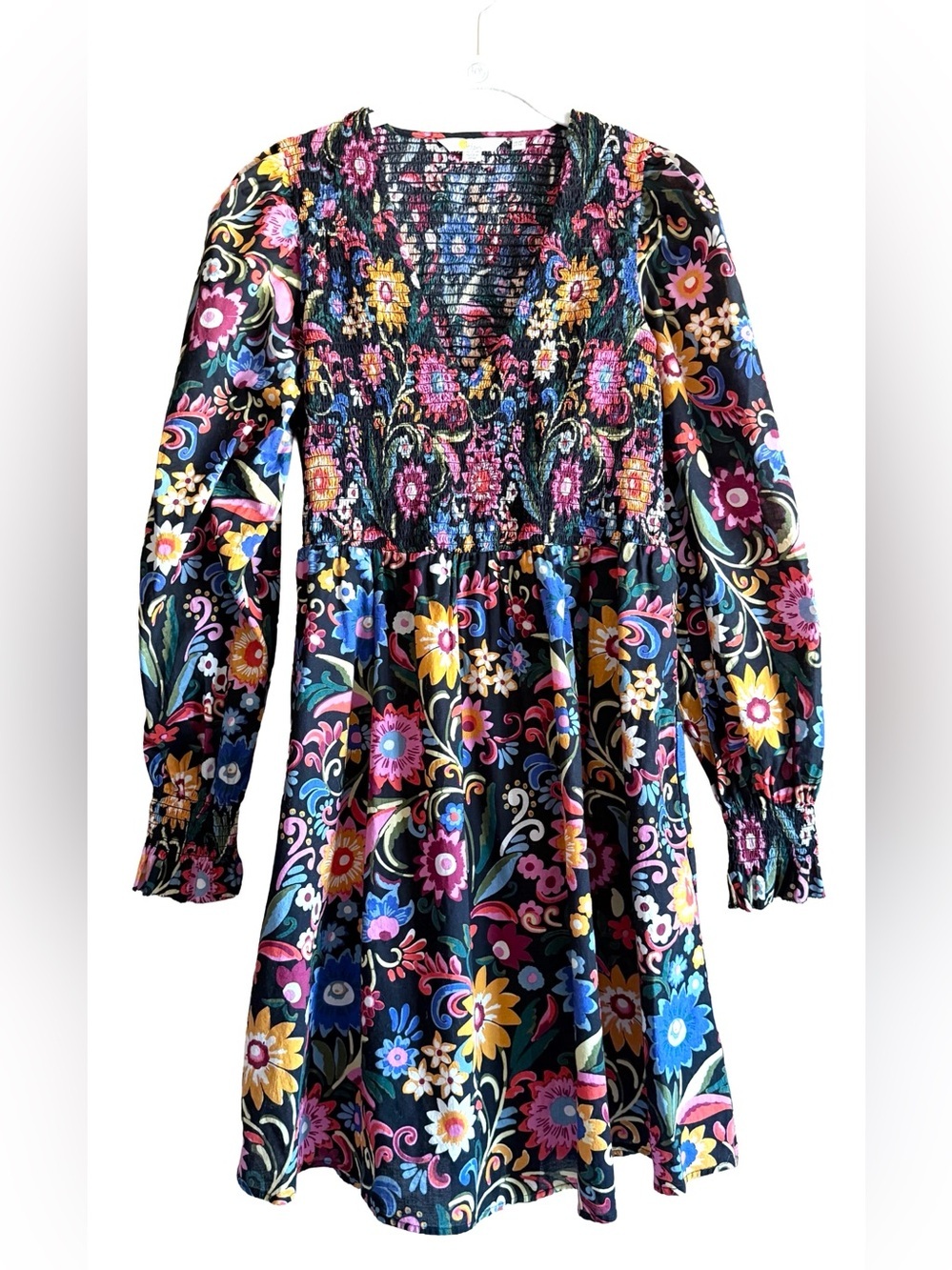 Boden Gardenia Pop Floral Mini Dress Women’s 8R Smocked Cotton V Neck Pockets